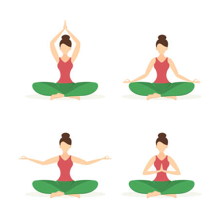 Set of happy girls in yoga and meditation poses isolated on white background. Beautiful woman sitting in lotus position.のイラスト素材
