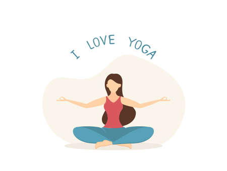 Girl does yoga and meditation on white background. Beautiful woman sitting in lotus position.のイラスト素材