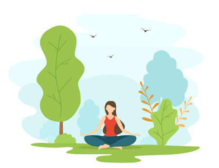 Girl does yoga and meditation in a Park. Beautiful woman sitting in lotus position.のイラスト素材