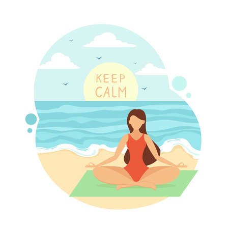 Girl does yoga on the Sand. Meditation on nature background. Beautiful woman sitting in lotus position on the sea beach. Healthy lifestyle concept. Illustration with person in flat cartoon style.のイラスト素材