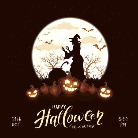 Happy Halloween theme with witch and pumpkins on black night background. Holiday theme with Jack O 'Lanterns on Moon background. Illustration can be used for children's holiday design, cards, bannersのイラスト素材
