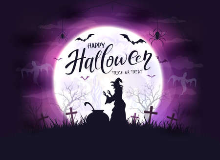 Happy Halloween theme with witch, bats and spiders on purple night background. Holiday lettering on Moon background. Illustration can be used for clothing or children's holiday design, cards, bannersのイラスト素材