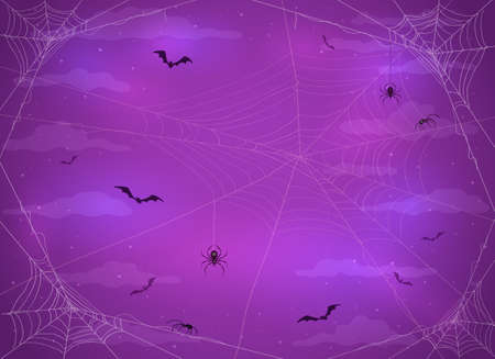 Purple night background with black spiders on cobwebs and flying bats. Illustration can be used for children's holiday design, cards, invitations and banners.のイラスト素材