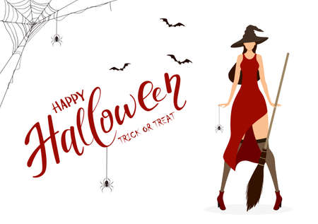 Beautiful witch in red dress and black hat with spider and broom. Lettering Happy Halloween and pretty lady and bats. Illustration for Holiday in flat cartoon style isolated on white background.のイラスト素材