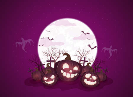 Happy Halloween theme with pumpkins on purple night background. Holiday theme with Jack O 'Lanterns on Moon background. Illustration can be used for children's holiday design, cards, bannersのイラスト素材