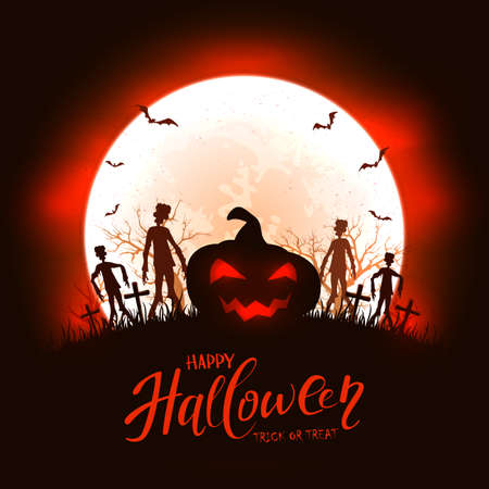 Scary pumpkin and zombies on cemetery. Black and red night background with Jack O 'Lantern, monsters and bats. Illustration can be used for children's, holiday design, cards, invitations and bannersのイラスト素材
