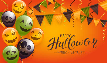 Set of orange, green and black balloons with scary smiles, colored pennants and streamers on orange background. Illustration can be used for children's holiday design, decoration, card, bannerのイラスト素材