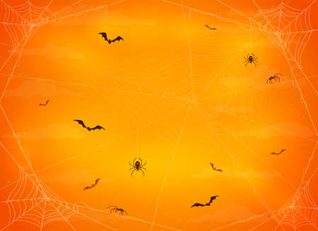Orange night background with black spiders on cobwebs and flying bats. Illustration can be used for children's holiday design, cards, invitations and banners.のイラスト素材