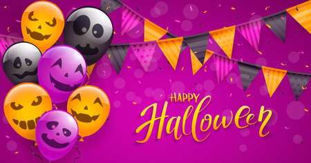 Set of orange, purple and black balloons with scary smiles, colored pennants and streamers on purple background. Illustration can be used for children's holiday design, decoration, card, bannerのイラスト素材