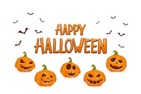 Lettering Happy Halloween and scary pumpkins with bats isolated on white background. Holiday card with Jack O 'Lanterns. Illustration can be used for children's holiday design, banners, cardsのイラスト素材