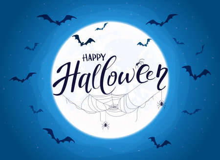 Lettering Happy Halloween on blue background with big Moon. Card with black spiders, cobwebs and flying bats. Illustration can be used for children's holiday design, decorations, cards, bannersのイラスト素材