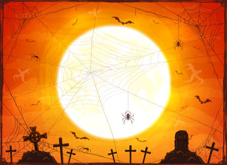 Orange Halloween background. Moon on night sky. Card with bats and spiders on cemetery. Illustration can be used for children's holiday design, cards, invitations and banners.のイラスト素材