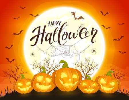 Smiling pumpkins on orange Halloween background with full moon. Card with Jack O 'Lanterns, bats and spiders.のイラスト素材