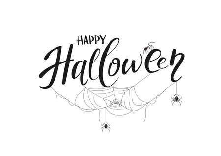 Lettering Happy Halloween with spiders on spiderwed isolated on white background. Card with holiday text. Illustration can be used for children's holiday design, decorations, bannersのイラスト素材