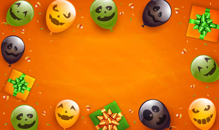 Holiday balloons on orange Halloween background with candies and gift boxes. Illustration can be used for children's holiday design, banners, cardsのイラスト素材
