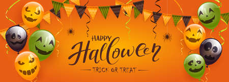 Card with orange, green and black balloons with scary smiles, pennants, spiders and streamers on orange background. Illustration can be used for children's holiday design, decoration, card, bannerのイラスト素材