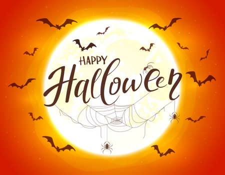 Lettering Happy Halloween on orange background with big Moon. Card with black spiders, cobwebs and flying bats. Illustration can be used for children's holiday design, decorations, cards, bannersのイラスト素材