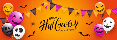 Halloween banner with orange, purple, white and black balloons with scary smiles, pennants, spiders and bats on orange background. Illustration for children's holiday design, decoration, card, bannerのイラスト素材