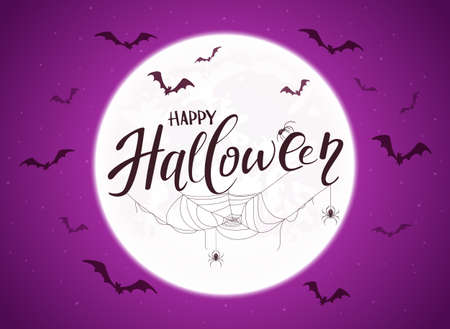 Lettering Happy Halloween on purple background with big Moon. Card with black spiders, cobwebs and flying bats. Illustration can be used for children's holiday design, decorations, cards, bannersのイラスト素材