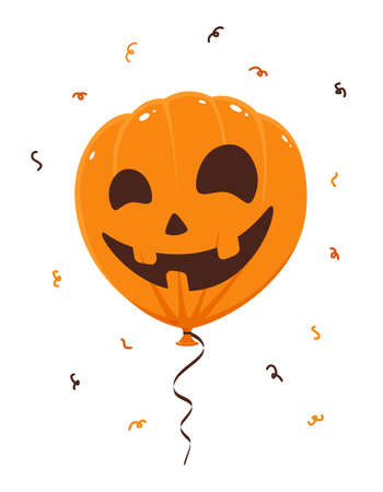 Orange balloon with scary smile isolated on white background. Decoration with streamers and confetti for Halloween. Illustration can be used for children's holiday design, decorations, cards, banners.のイラスト素材