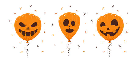 Set of orange balloons with scary smiles isolated on white background. Illustration can be used for children's holiday design, decorations, cards, banners.のイラスト素材