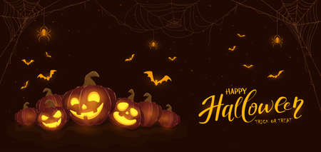 Banner with Halloween pumpkins, spiders and bats on dark background. Holiday card with Jack O 'Lanterns. Illustration can be used for clothing design, holiday design, cards, invitations, bannersのイラスト素材