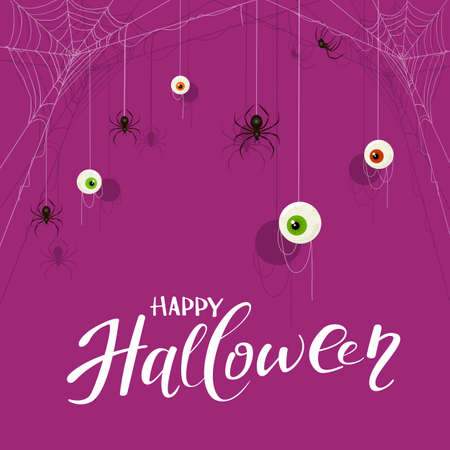 Text Happy Halloween on purple background with scary eyes and black spiders on cobwebs. Illustration can be used for holiday cards, backdrops, children's clothing design, invitations and banners.のイラスト素材