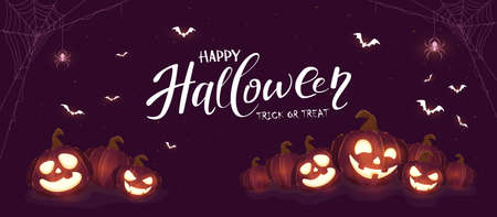 Banner with Halloween pumpkins, spiders and bats on purple background. Holiday card with Jack O 'Lanterns. Illustration can be used for clothing design, children's holiday design, cards, bannersのイラスト素材