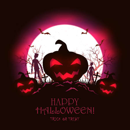Black and purple night background with Jack O 'Lantern, monsters and bats. Scary pumpkin and zombies on cemetery. Illustration can be used for children's, holiday design, cards, invitations and bannerのイラスト素材