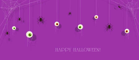 Text Happy Halloween on purple banner with scary eyes and black spiders on cobwebs. Illustration can be used for holiday cards, backdrops, children's clothing design, invitations and banners.のイラスト素材