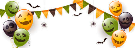 Halloween card with orange, green and black balloons with scary smiles, pennants, spiders and bats on white background. Illustration for children's holiday design, decoration, card, bannerのイラスト素材