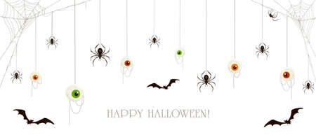 Text Happy Halloween on white background. Banner with scary eyes, bats and black spiders on cobwebs. Illustration can be used for holiday cards, backdrops, children's design, invitations and banners.のイラスト素材