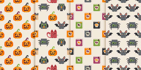 Set of seamless backgrounds with colored Halloween icons. Illustration with holiday elements can be used for backdrop, wrapper, holiday cards, children's holiday or clothing design, invitation, bannerのイラスト素材