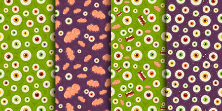 Set of purple and green seamless backgrounds for Halloween with eyes and brain in potion. Illustration can be used for backdrops, wrapper, holiday cards, children's clothing or things design, banners.のイラスト素材