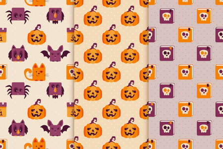 Set of seamless backgrounds with Halloween icons. Illustration with holiday elements can be used for backdrops, wrapper, holiday cards, children's holiday or clothing design, cards, invitations and banners.のイラスト素材