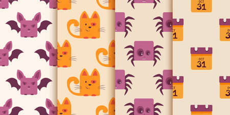 Set of seamless backgrounds with Halloween icons. Pattern with bat, cat, spider, calendar can be used for backdrop, wrapper, holiday cards, children's holiday or clothing design, invitation, bannerのイラスト素材