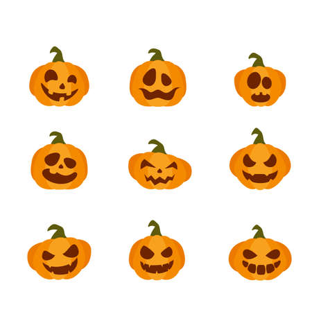 Smiling pumpkins isolated on white background. Set of flat Icons. Cartoon elements for holiday design. Icons for Halloween decoration. Illustration can be used for holiday backgrounds, cards, bannersのイラスト素材