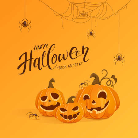 Lettering Happy Halloween and pumpkins with black spiders on orange background. Jack O 'Lantern with scary smiles. Halloween theme. Illustration can be used for children's holiday design, card, bannerのイラスト素材