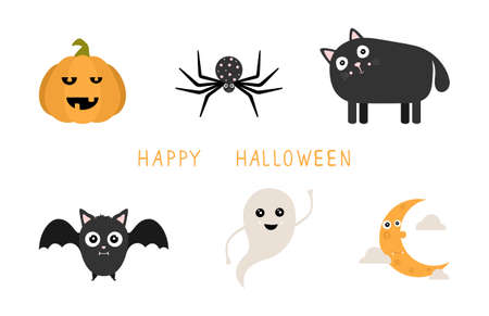 Text Happy Halloween and set of flat cartoon icons isolated on white background. Illustration can be used for cards, children's holiday or clothing design, invitations and banners.のイラスト素材