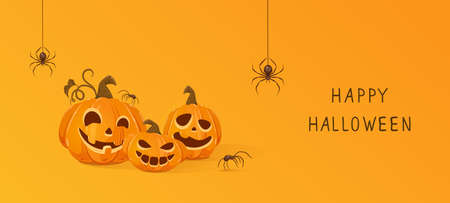 Three Halloween pumpkins and black spiders on orange background. Jack O 'Lantern with scary smiles. Halloween theme. Illustration can be used for children's holiday design, cards, bannersのイラスト素材