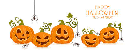 Holiday banner with set of smiling pumpkins with spiders isolated on white background. Cartoon elements for holiday design. Halloween decoration. Illustration can be used for holiday backgrounds, cards, bannersのイラスト素材