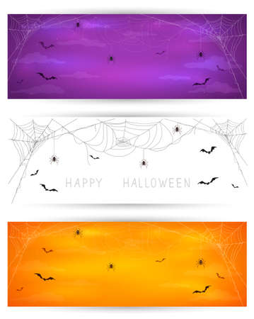 Set of Halloween banners with black spiders on cobwebs and flying bats. Purple, orange and white backgrounds. Illustration can be used for children's holiday design, cards, invitations and banners.のイラスト素材