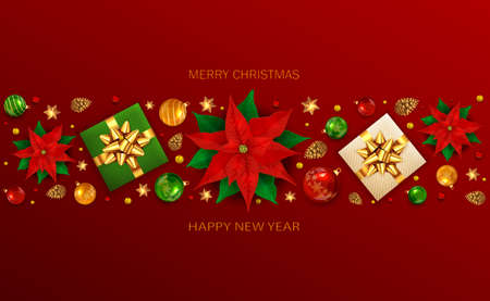 Holiday banner with Christmas lettering, poinsettia, balls, pine cones, beads, gifts with golden bow and stars on red background. Illustration can be used for Christmas design, posters, cards, websiteのイラスト素材