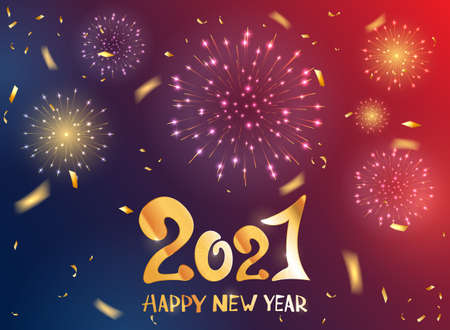 Lettering Happy New Year 2021 and sparkling fireworks on red and blue shiny background. Holiday greeting. Illustration can be used for Christmas design, posters, cards, banners, websites.のイラスト素材