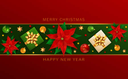 Holiday banner with Christmas lettering, poinsettia, balls, pine cones, beads, gifts with golden bow and stars on red and green background. Illustration can be used for Christmas design, posters, cardのイラスト素材