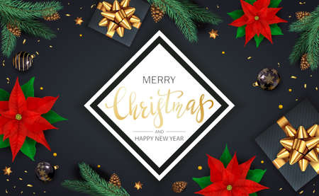 Christmas balls, poinsettia, holiday gifts with golden bow, fir tree branches with pine cones and shiny stars on black background. Illustration can be used for Christmas design, posters, cards, bannerのイラスト素材