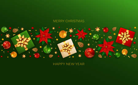 Holiday banner with Christmas lettering, poinsettia, balls, pine cones, beads, gifts with golden bow and stars on green background. Illustration can be used for Christmas design, posters, cardsのイラスト素材