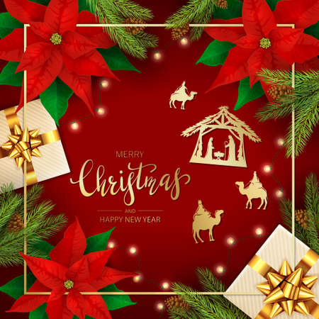 Holiday decorations with Birth of Jesus, red poinsettia, gift boxes, Christmas lights, fir tree branches, pine cones on red background. Illustration can be used for holiday design, cards, invitationsのイラスト素材