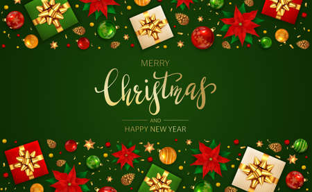 Holiday border with Christmas lettering, poinsettia, balls, pine cones, beads, gifts with golden bow and stars on green background. Illustration can be used for Christmas design, posters, cardのイラスト素材