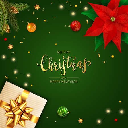 Christmas lights, balls, red poinsettia, holiday gift with golden bow, fir tree branches with pine cones and shiny stars on green background. Illustration can be used for holiday design, cards, bannerのイラスト素材